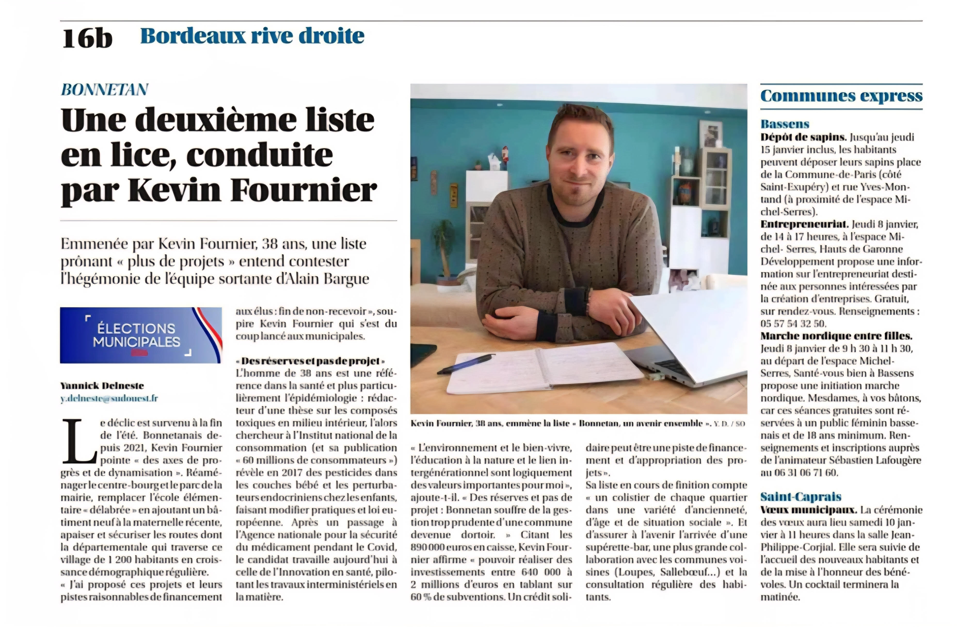 Article Sud Ouest - Candidature Kevin Fournier Bonnetan 2026